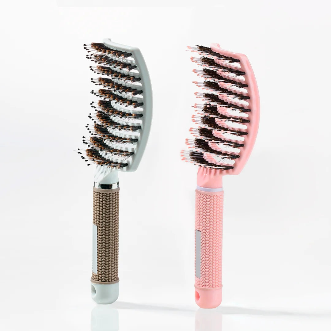 Curved Paddle Brush Hårbørste Med Vildsvinehår Hvid   Lyserød  Spar 12