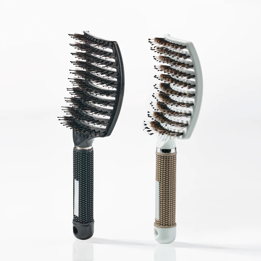 Curved Paddle Brush Hårbørste Med Vildsvinehår Hvid   Sort  Spar 12