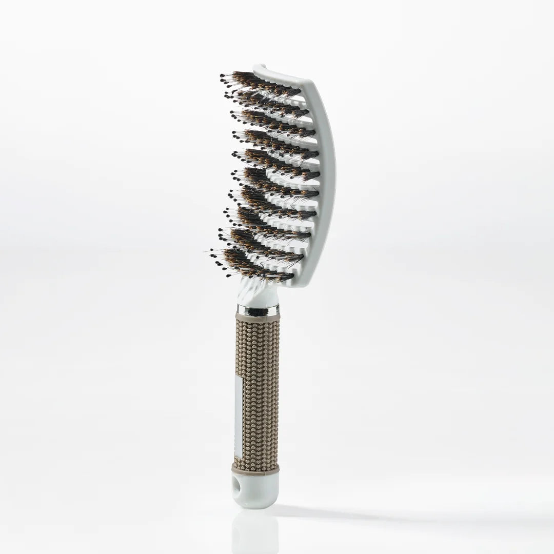 Curved Paddle Brush Hårbørste Med Vildsvinehår Hvid