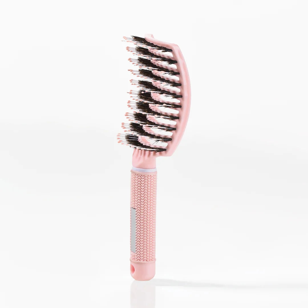 Curved Paddle Brush Hårbørste Med Vildsvinehår Lyserød