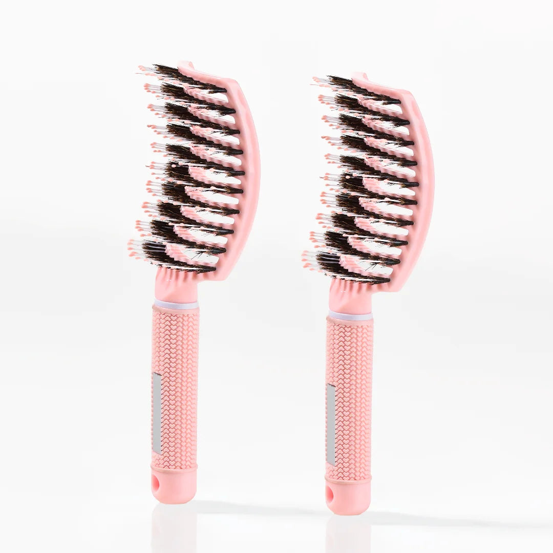 Curved Paddle Brush Hårbørste Med Vildsvinehår   Stk Lyserød  Spar 12