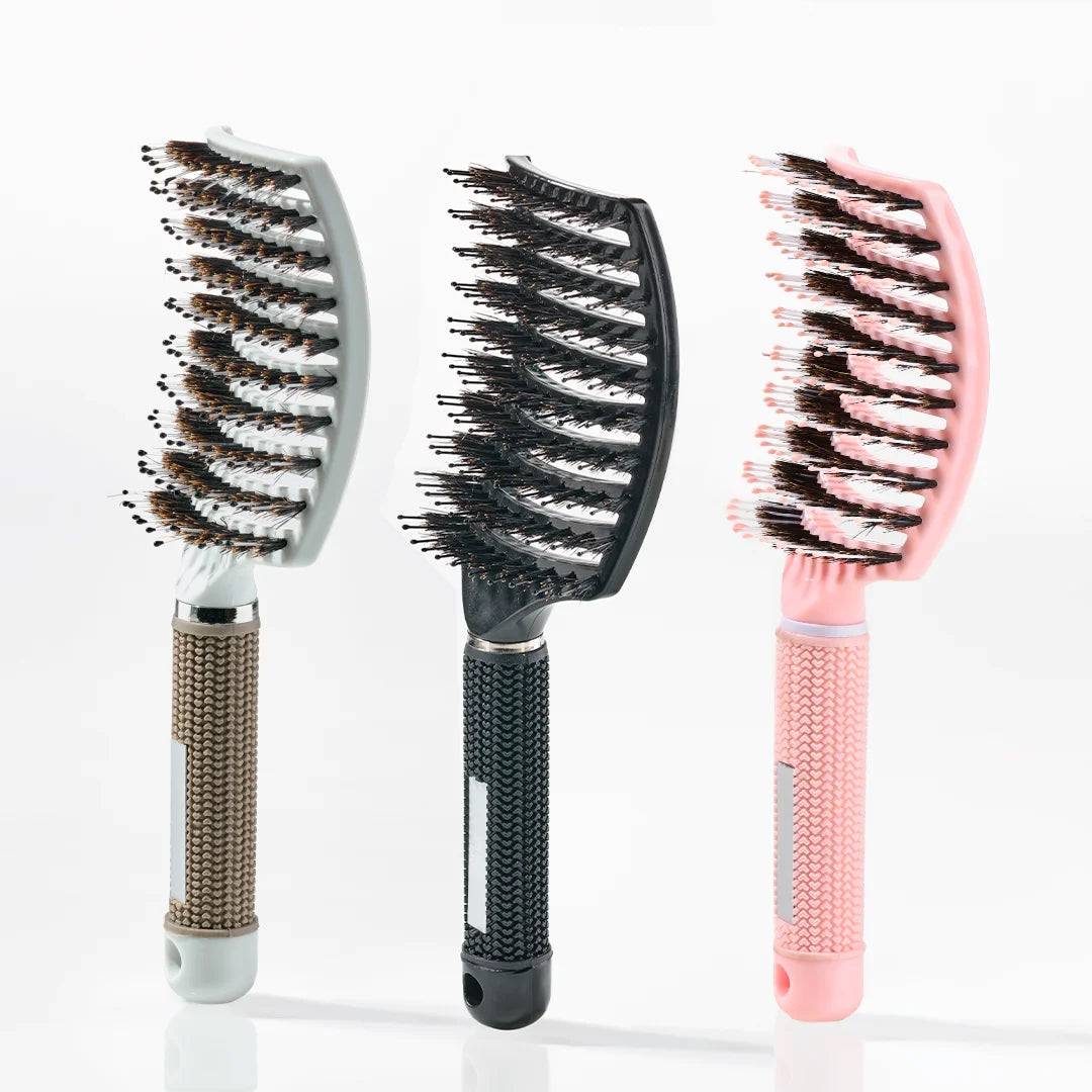 Curved Paddle Brush Hårbørste Med Vildsvinehår   Stk Sort Hvid Lyserød  Spar 16
